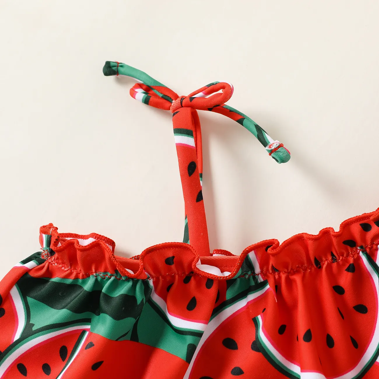 3pcs Baby Girl Watermelon Print Ruffle Trim Swimwear Set Red big image 1
