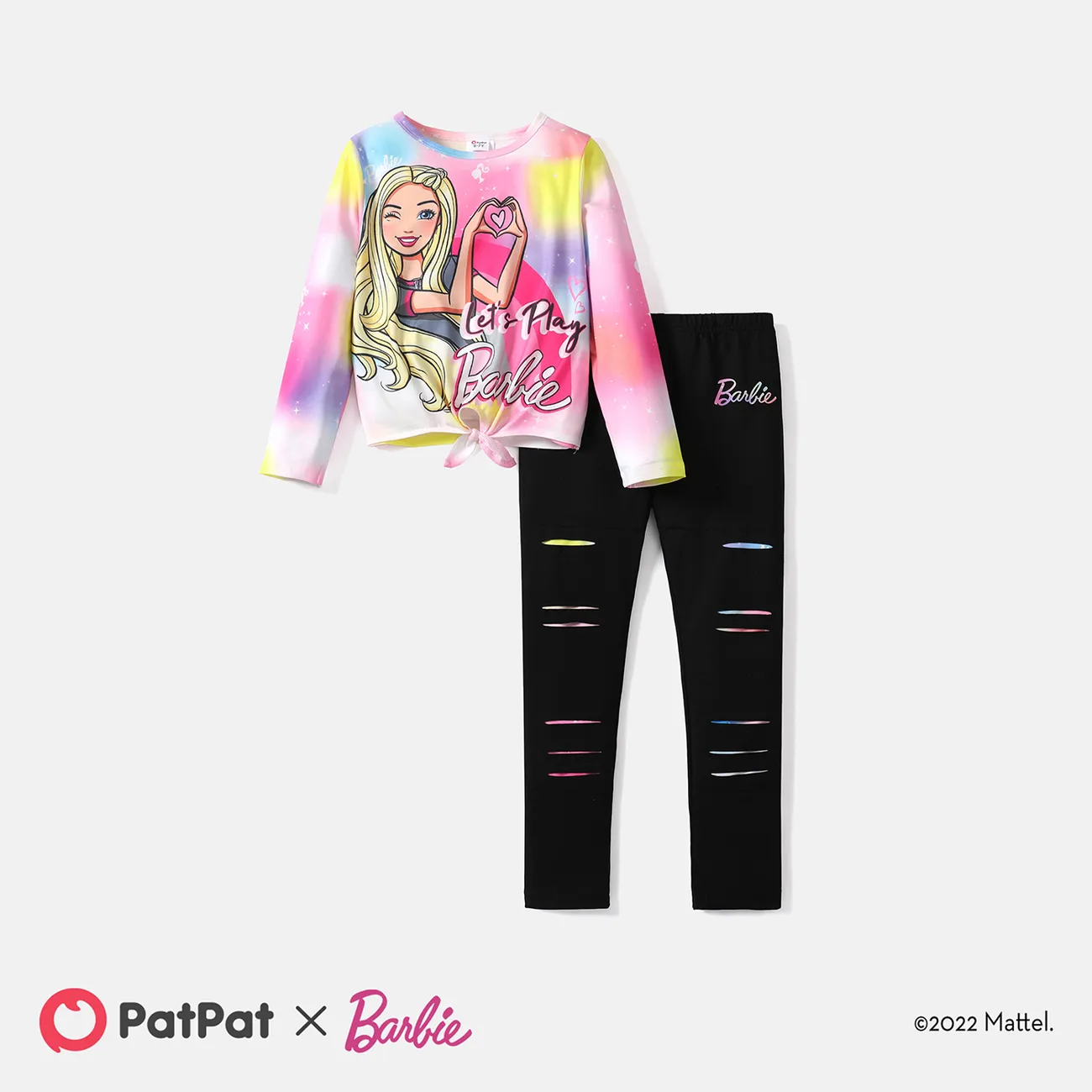 Barbie 2pcs Kid Girl Tie Knot Long-sleeve Tee and Ripped Skinny Pants Set  big image 1