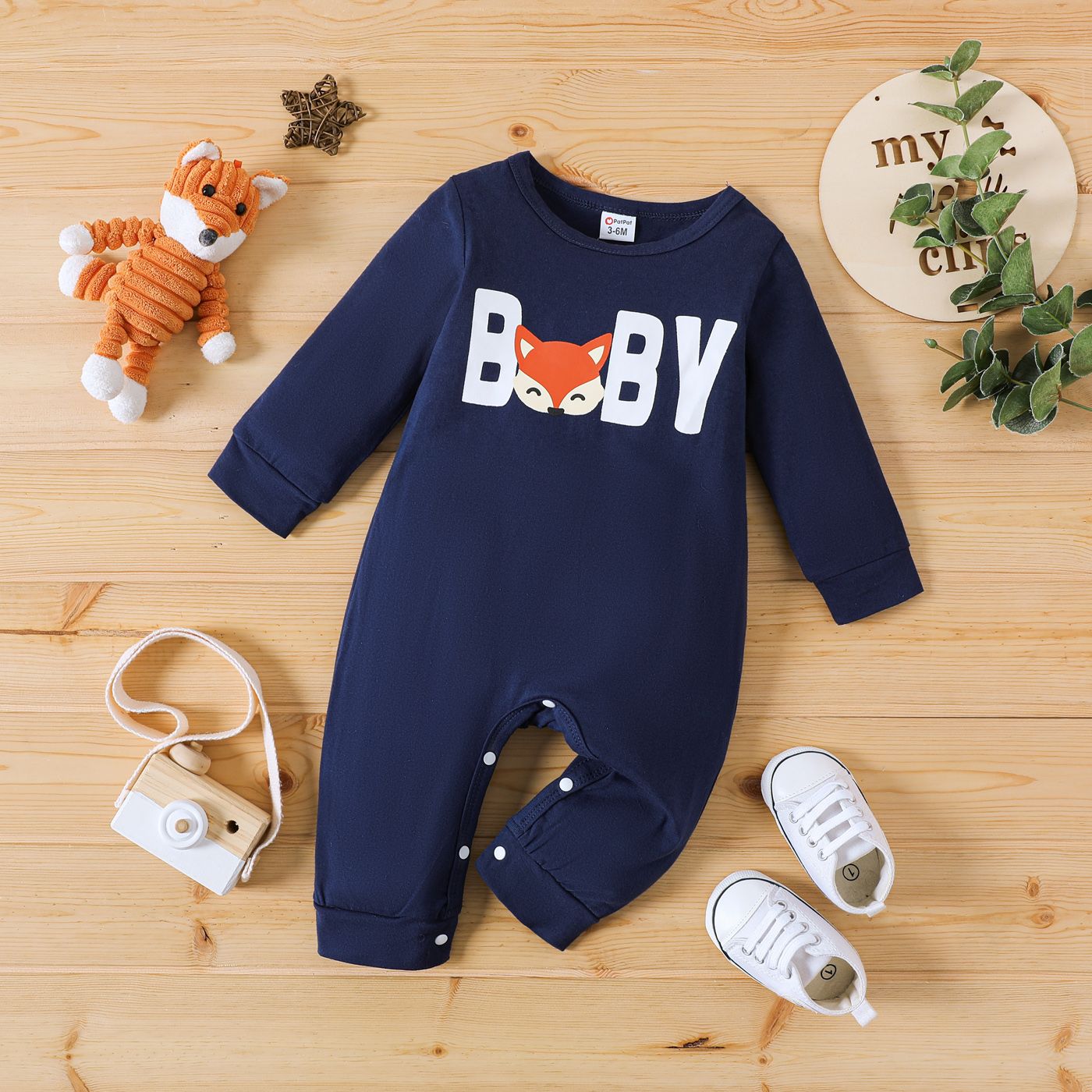 

Baby Boy 95% Cotton Long-sleeve Fox & Letter Print Jumpsuit