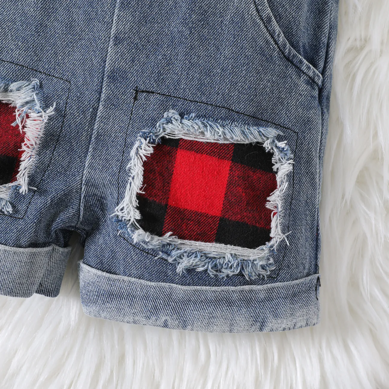 Baby Boy/Girl 100% Cotton Letter Print Plaid Ripped Denim Overalls Shorts redblack big image 1
