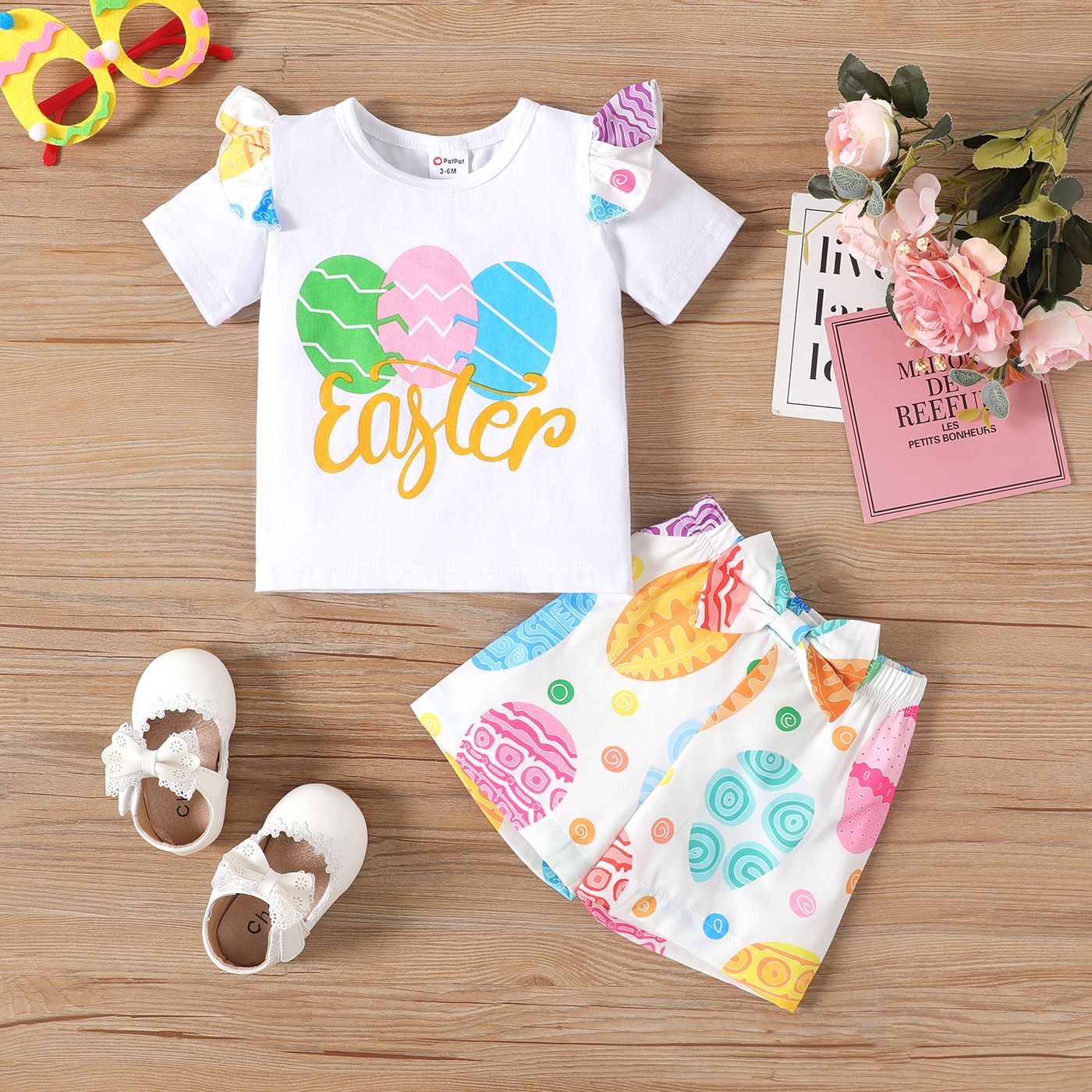 

Easter 2pcs Baby Girl 95% Cotton Ruffle Trim Short-sleeve Graphic Tee & Shorts Set