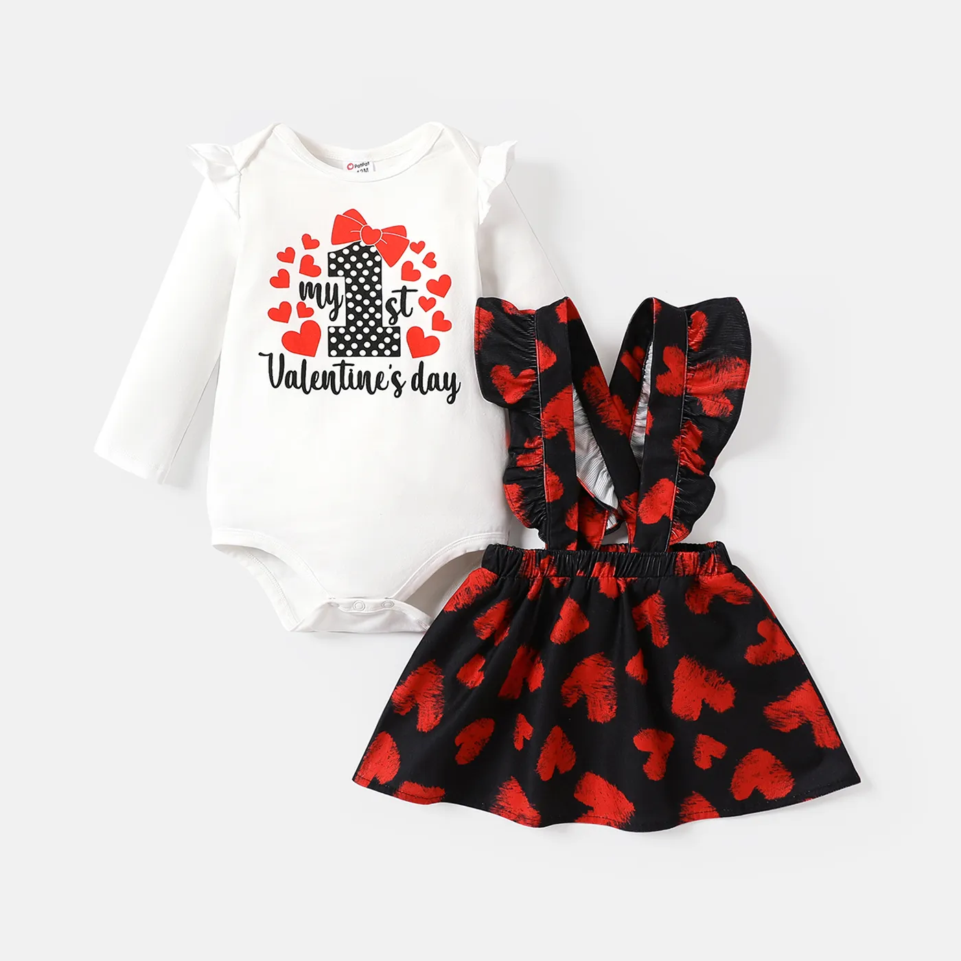 

Valentine's Day 2pcs Baby Girl Cotton Long-sleeve Letter Graphic Romper and Allover Heart Print Ruffle Trim Suspender Skirt Set