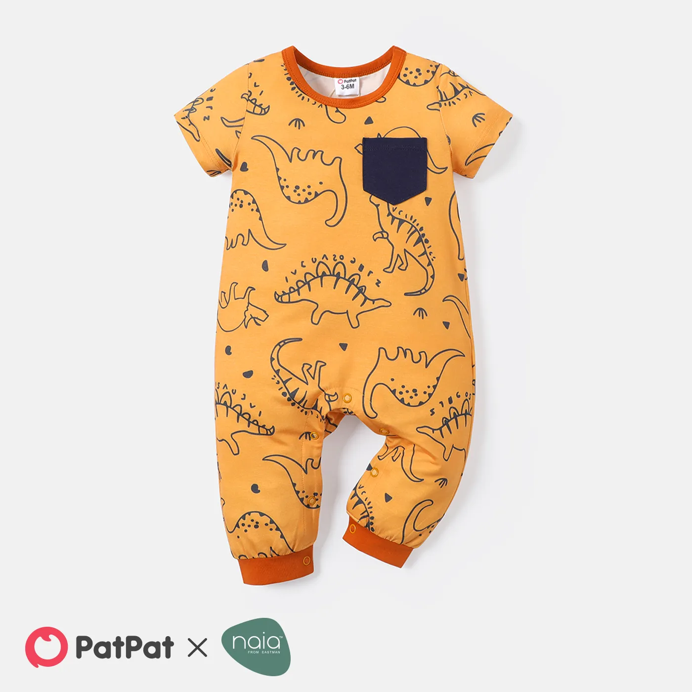 Naia™ Baby Boy Allover Dinosaur Print Short-sleeve Jumpsuit with Pocket Orangebrown big image 1