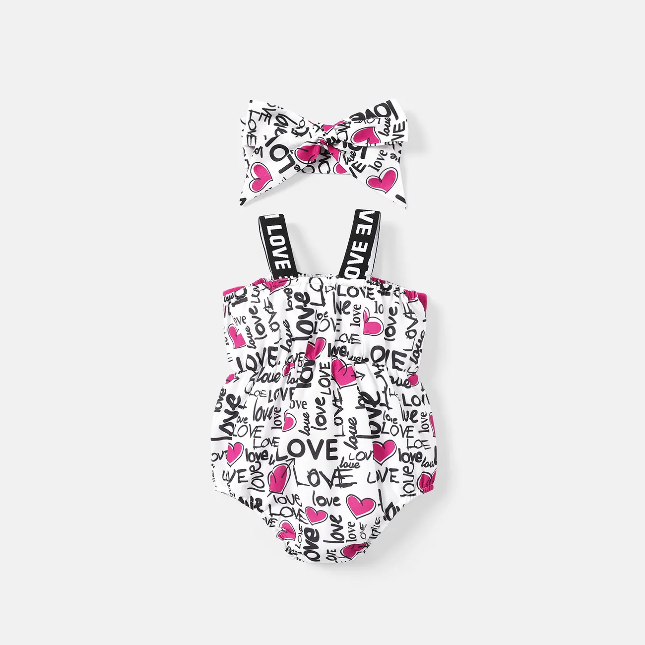 2pcs Baby Girl Allover Heart & Letter Print Bow Front Sleeveless Romper & Headband Set ColorBlock big image 1