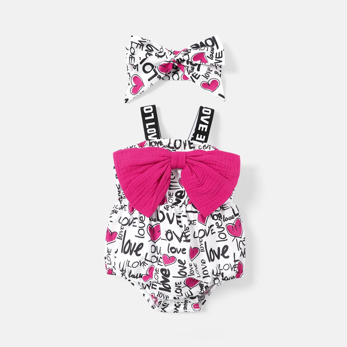 2pcs Baby Girl Allover Heart & Letter Print Bow Front Sleeveless Romper & Headband Set