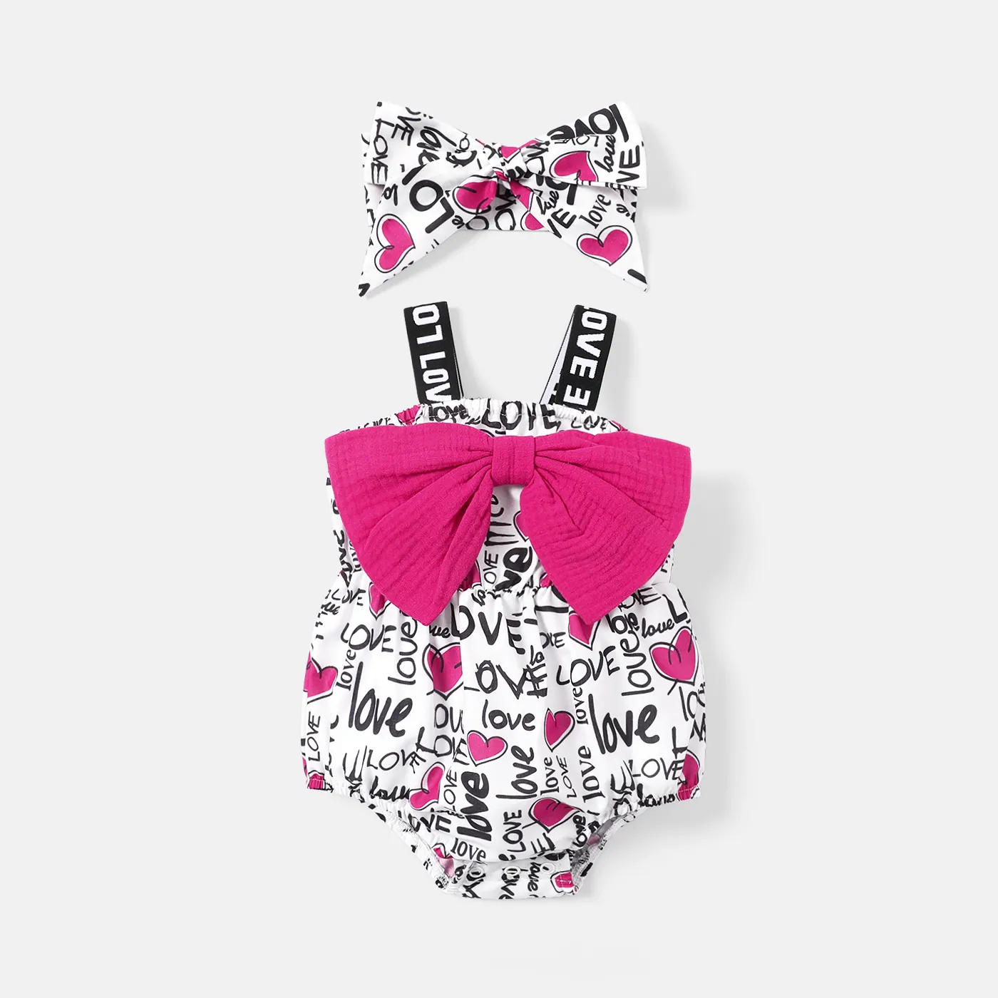 2pcs Baby Girl Allover Heart & Letter Print Bow Front Sleeveless Romper & Headband Set ColorBlock big image 1