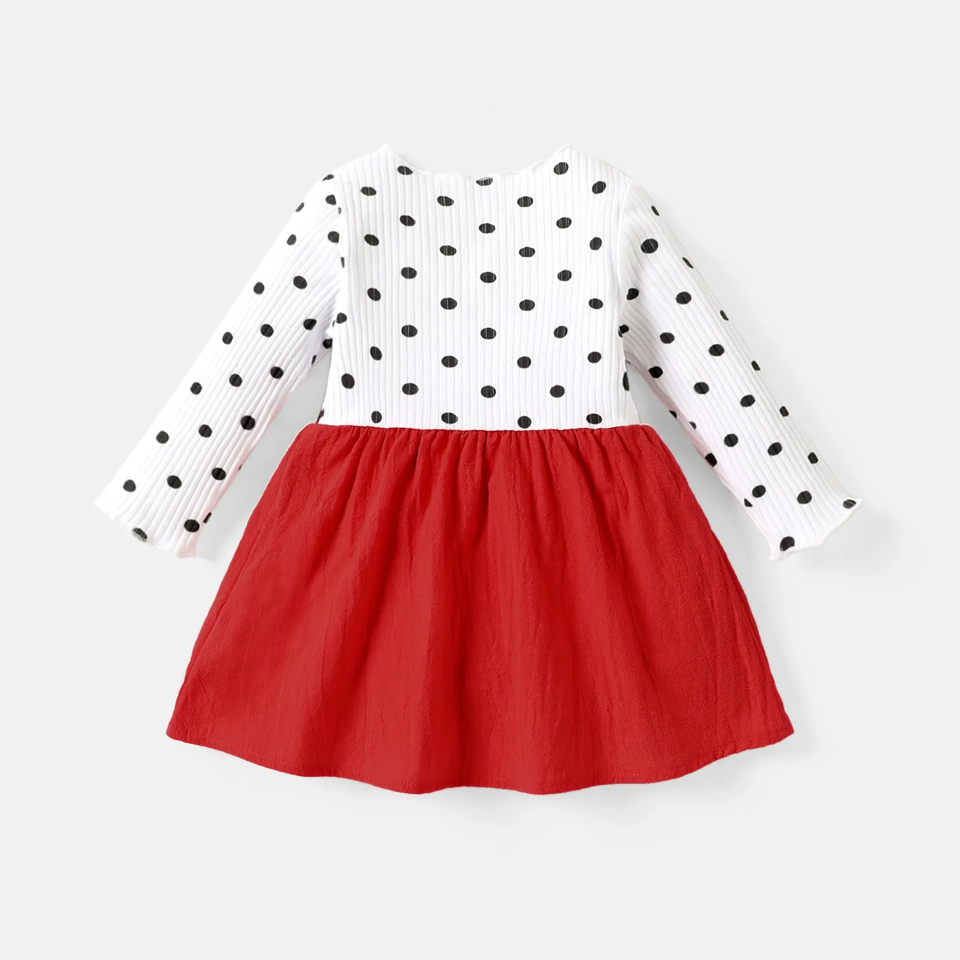 Baby Girl 100% Cotton Solid & Dots Spliced Ribbed Long-sleeve Bow Front Dress  image 3