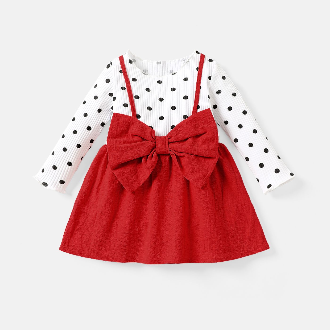 Baby Girl 100% Cotton Solid & Dots Spliced Ribbed Long-sleeve Bow Front Dress
