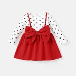 Baby Girl 100% Cotton Solid & Dots Spliced Ribbed Long-sleeve Bow Front Dress Red