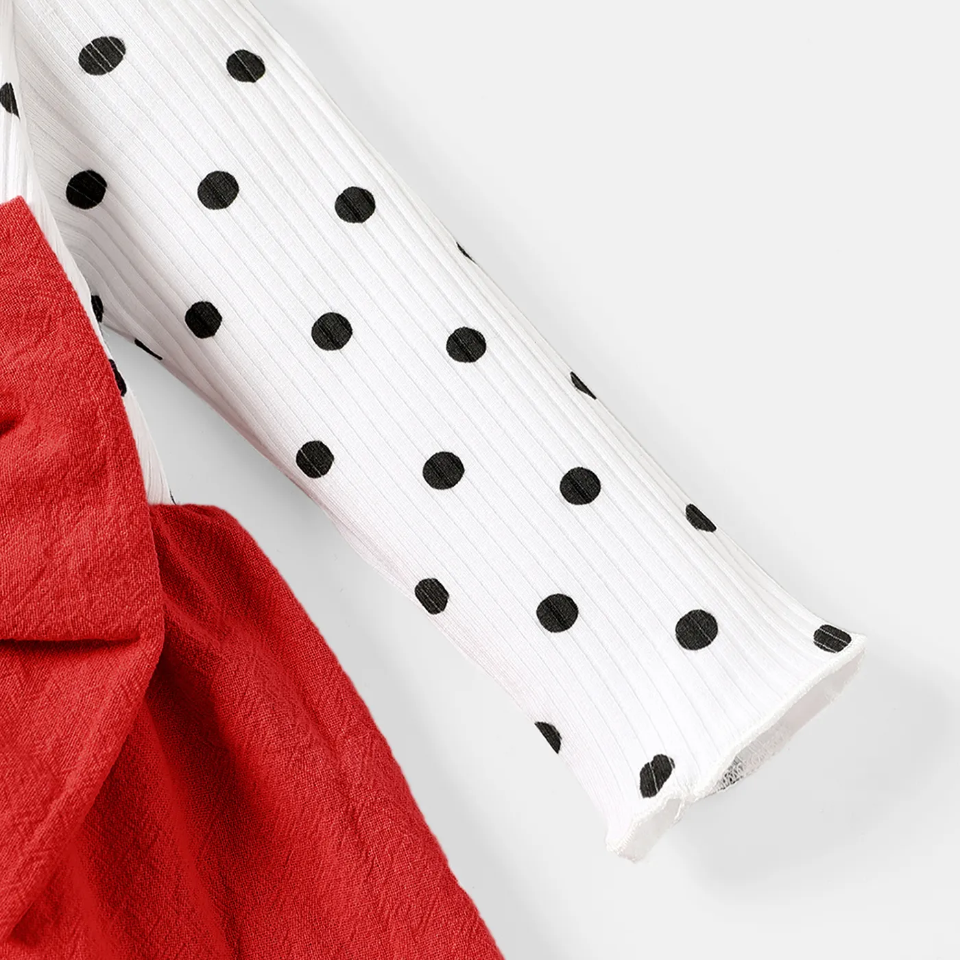 Baby Girl 100% Cotton Solid & Dots Spliced Ribbed Long-sleeve Bow Front Dress  image 6
