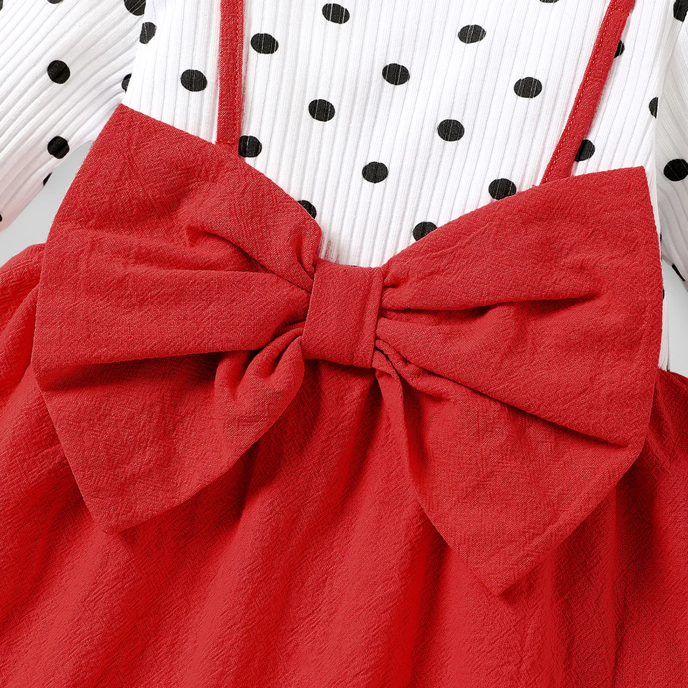 Baby Girl 100% Cotton Solid & Dots Spliced Ribbed Long-sleeve Bow Front Dress  image 5