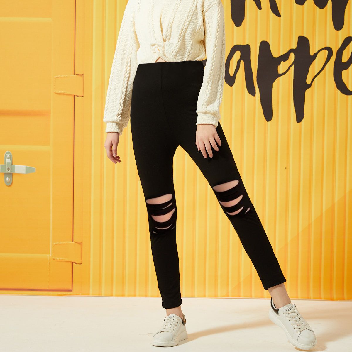

Kid Girl High Waist Black Ripped Leggings