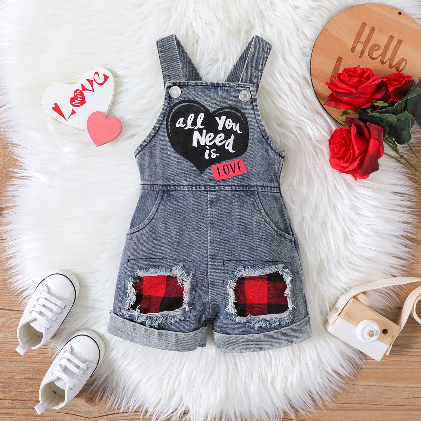 Baby Boy/Girl 100% Cotton Letter Print Plaid Ripped Denim Overalls Shorts