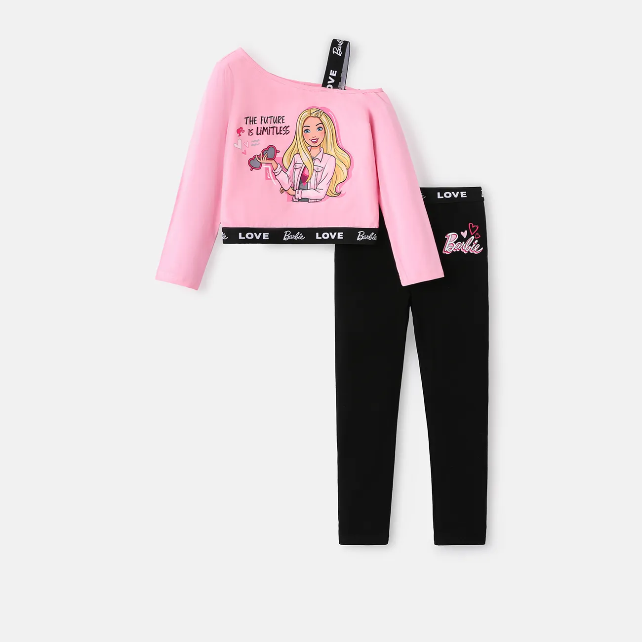 Barbie 2pcs Kid Girl Letter Print One Shoulder Long-sleeve Cotton Tee and Leggings Set Pink big image 1