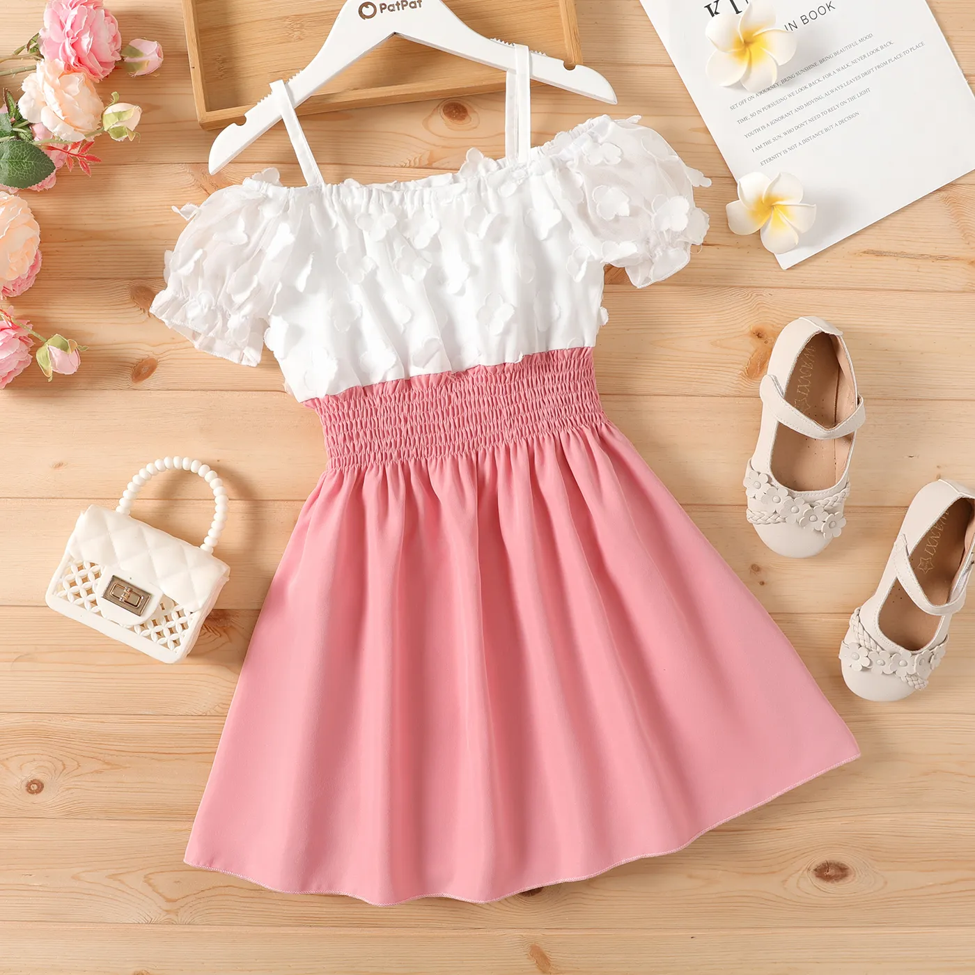 Enfant Fille 3d Floral Design Smocké Colorblock Slip Dress