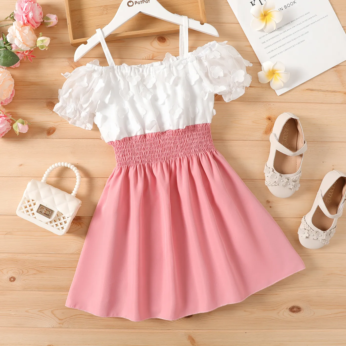 Kid Girl 3D Floral Design Smocked Colorblock Slip Dress Pink big image 1