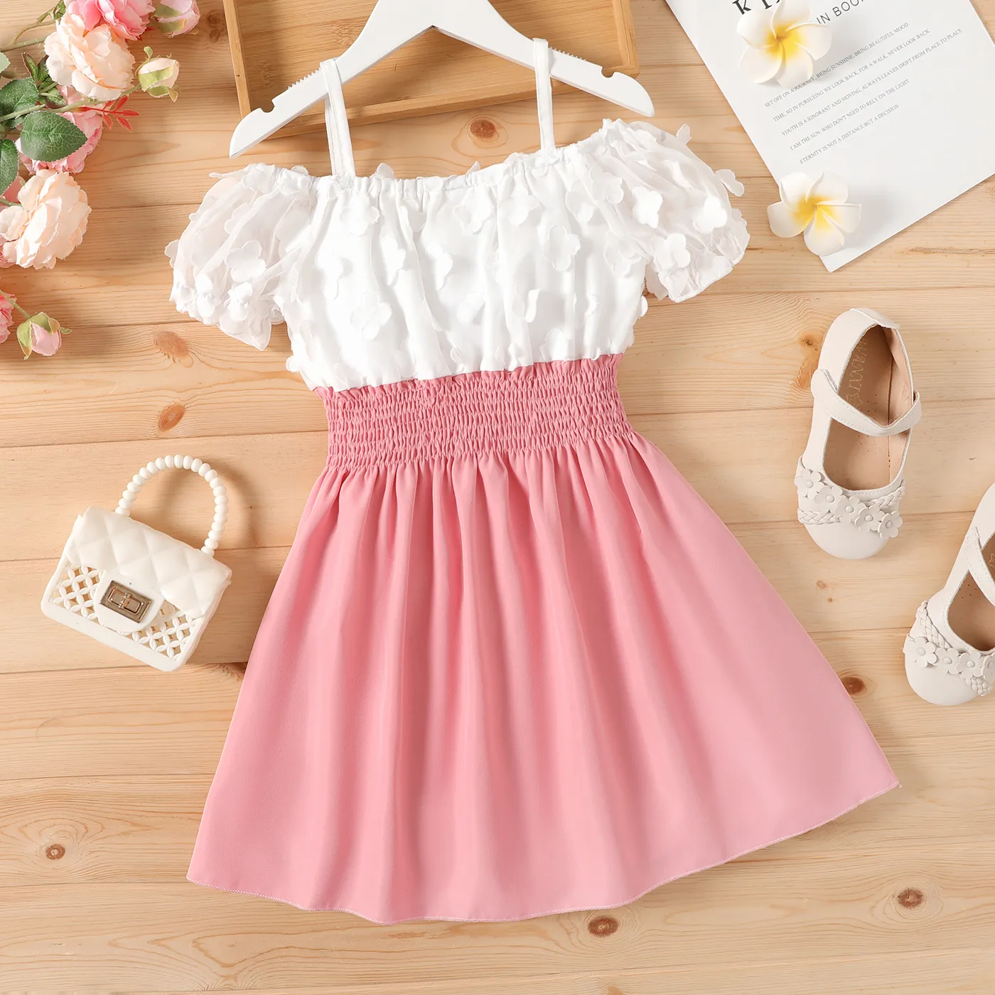 Kid Girl 3D Floral Design Smocked Colorblock Slip Dress Pink image 5