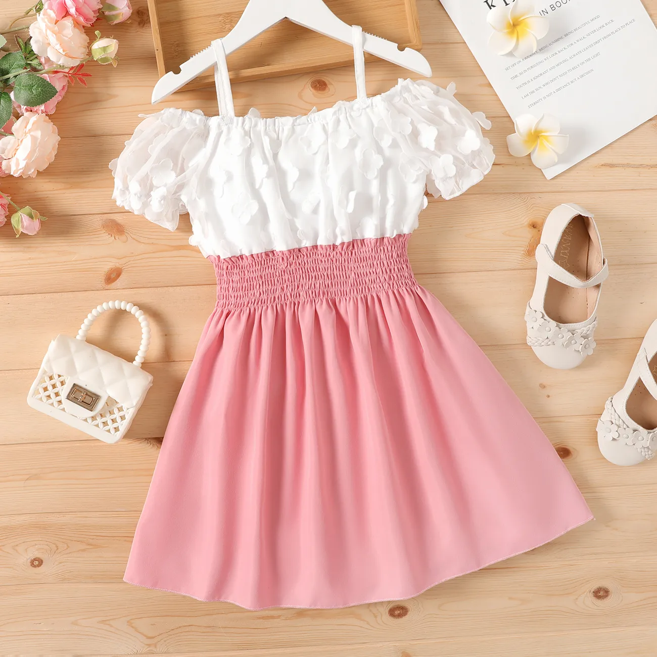 Kid Girl 3D Floral Design Smocked Colorblock Slip Dress Pink big image 1