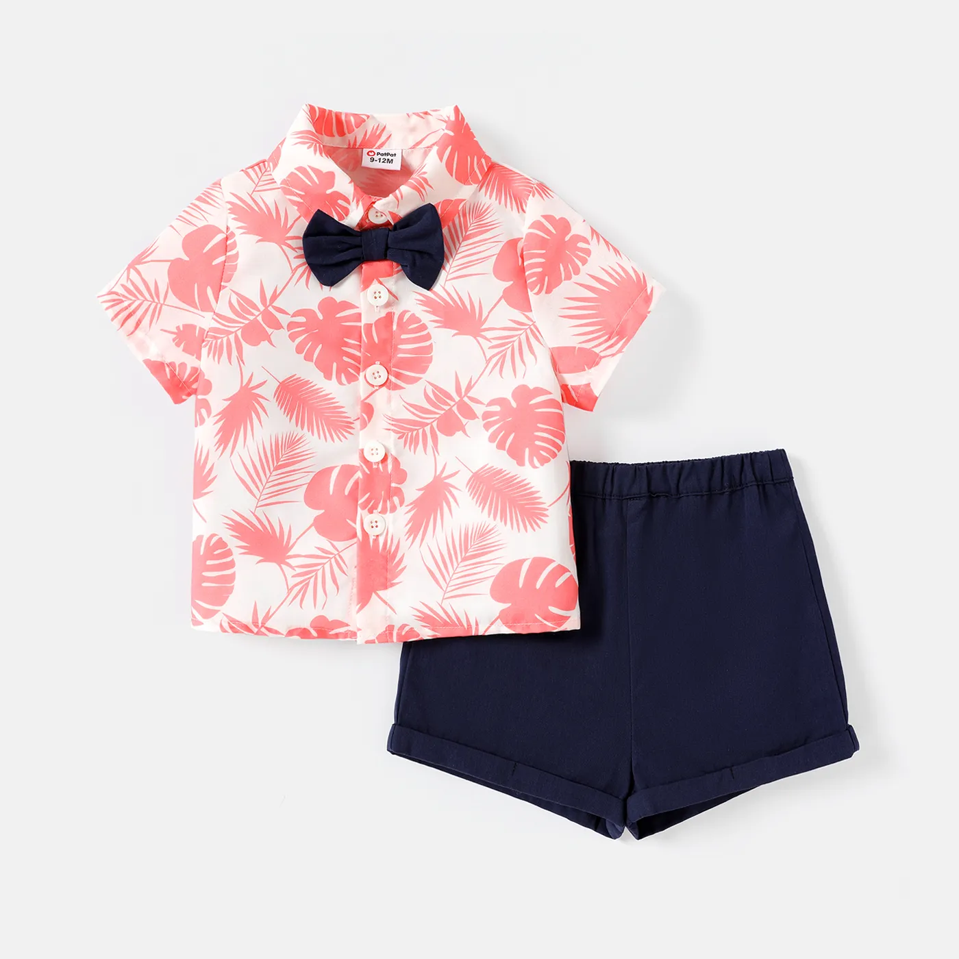 2pcs Baby Boy 100% Cotton Solid Pants and Allover Palm Leaf Print Bow Tie Decor Short-sleeve Shirt Set Colorful big image 1