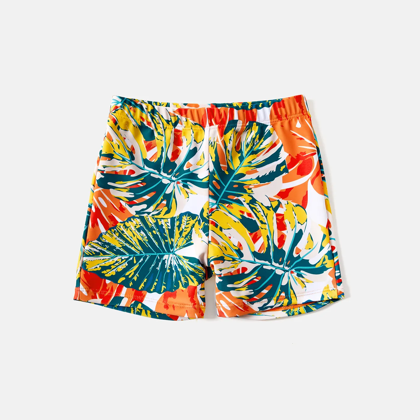 Family Matching Allover Plant Print Spliced Solid Ruffle Trim One-Piece Swimsuit And Swim Trunks