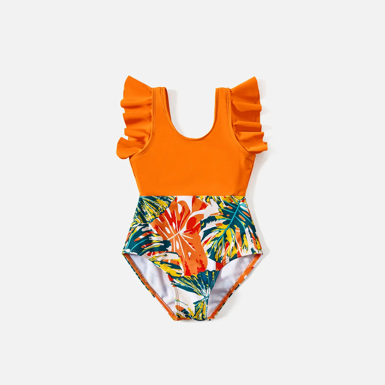 Family Matching Allover Plant Print Spliced Solid Ruffle Trim One-Piece Swimsuit and Swim Trunks Orange color big image 1