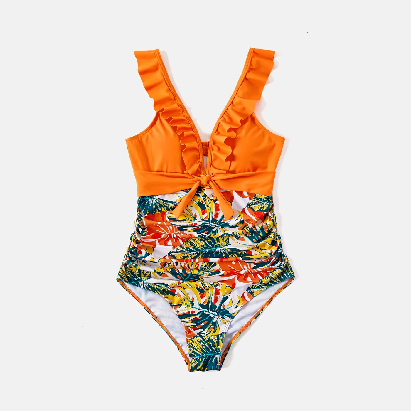 Family Matching Allover Plant Print Spliced Solid Ruffle Trim One-Piece Swimsuit And Swim Trunks