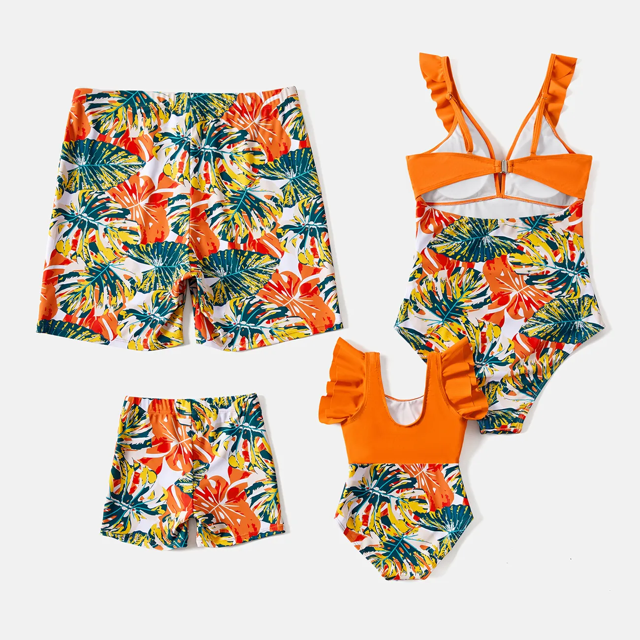 ملابس السباحة إطلالة العائلة للجنسين حافة كشكشة النباتات والزهور عيد القيامة البرتقالي big image 1