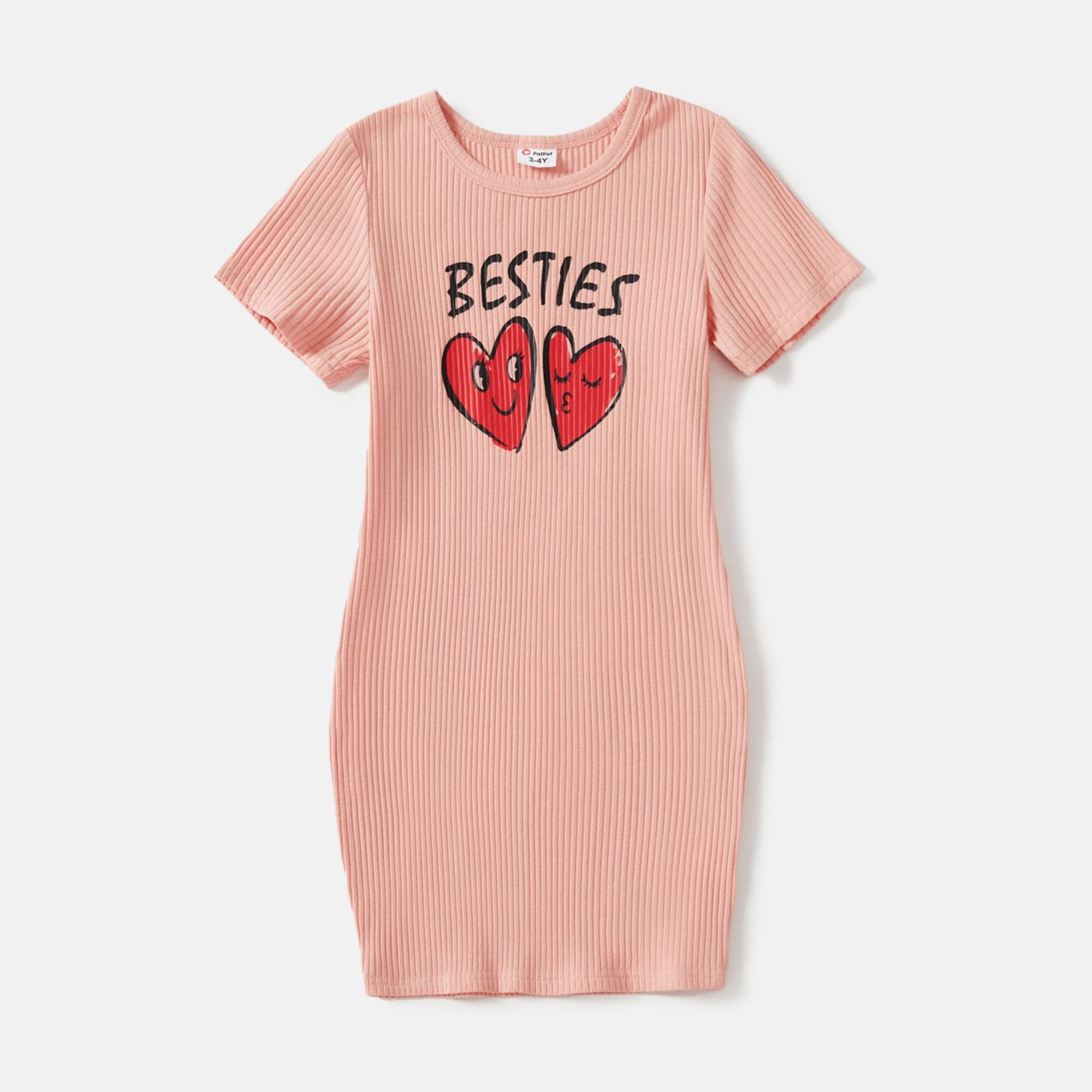 Mommy And Me Pink Cotton Ribbed Heart & Letter Print Short-sleeve Bodycon Dresses