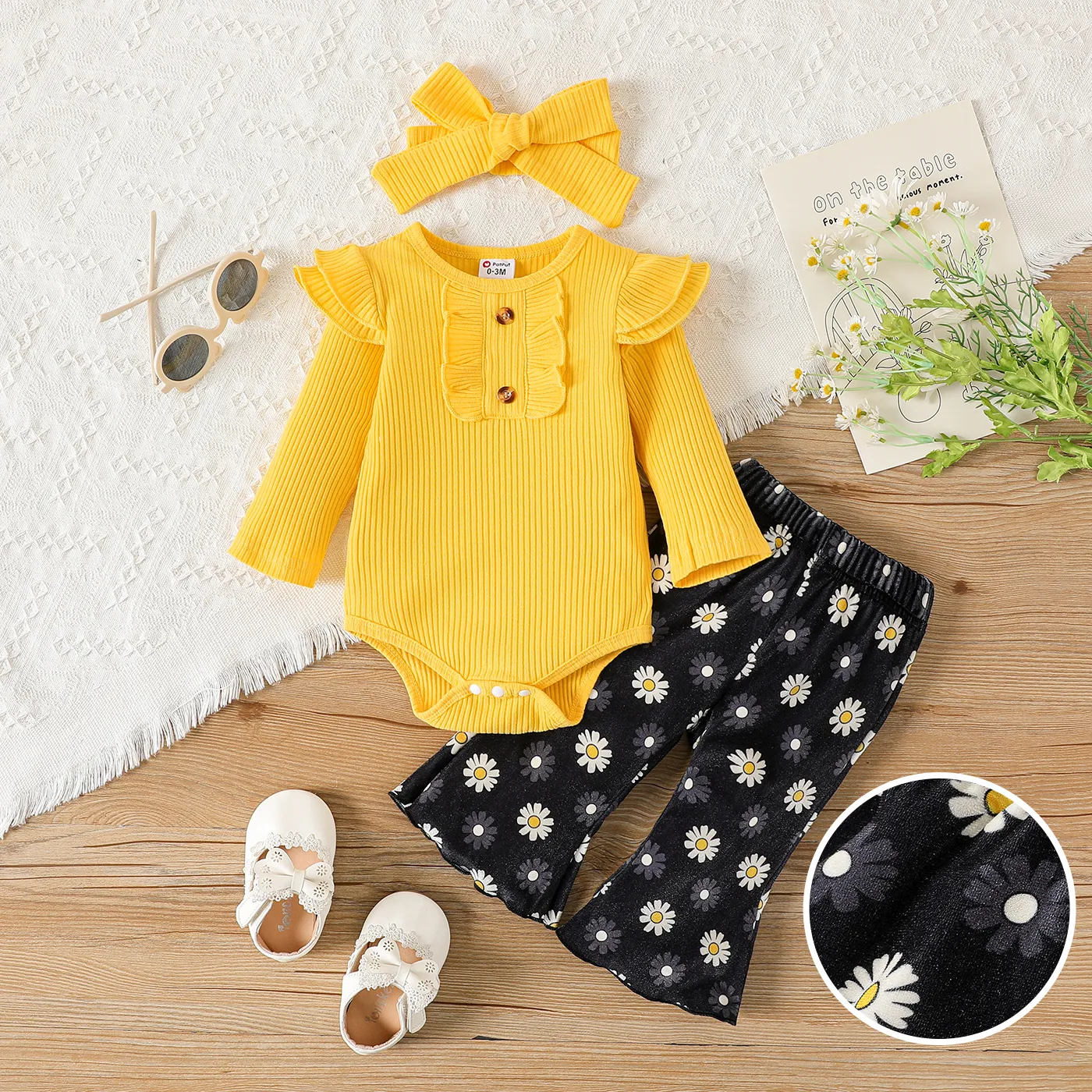 

3pcs Baby Girl 95% Cotton Ribbed Ruffle Trim Long-sleeve Romper and Allover Floral Print Flared Pants with Headband Set