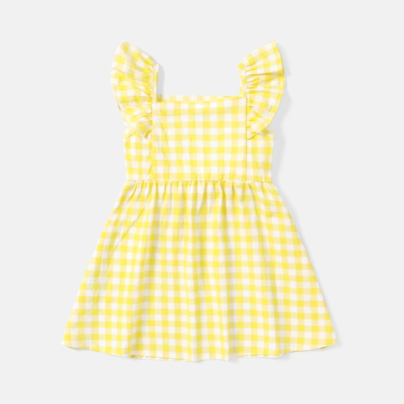Toddler Girl 100% Cotton Fruit Print/Plaid Ruffled Button Design Slip Dress Yellow image 2