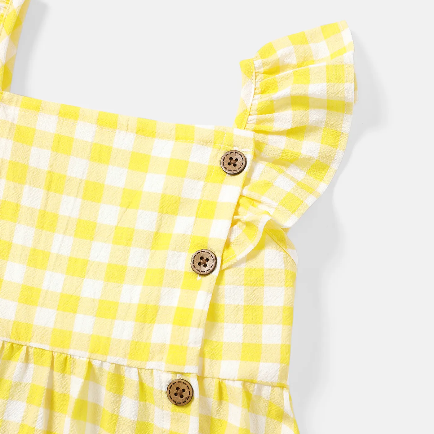 Toddler Girl 100% Cotton Fruit Print/Plaid Ruffled Button Design Slip Dress Yellow image 3