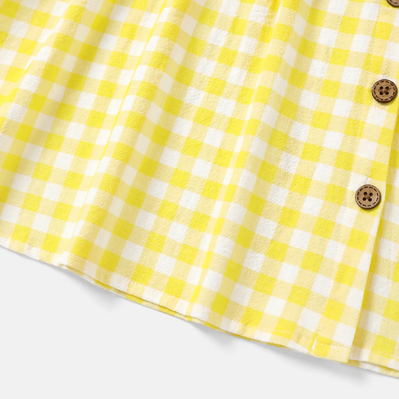 Toddler Girl 100% Cotton Fruit Print/Plaid Ruffled Button Design Slip Dress Yellow image 5