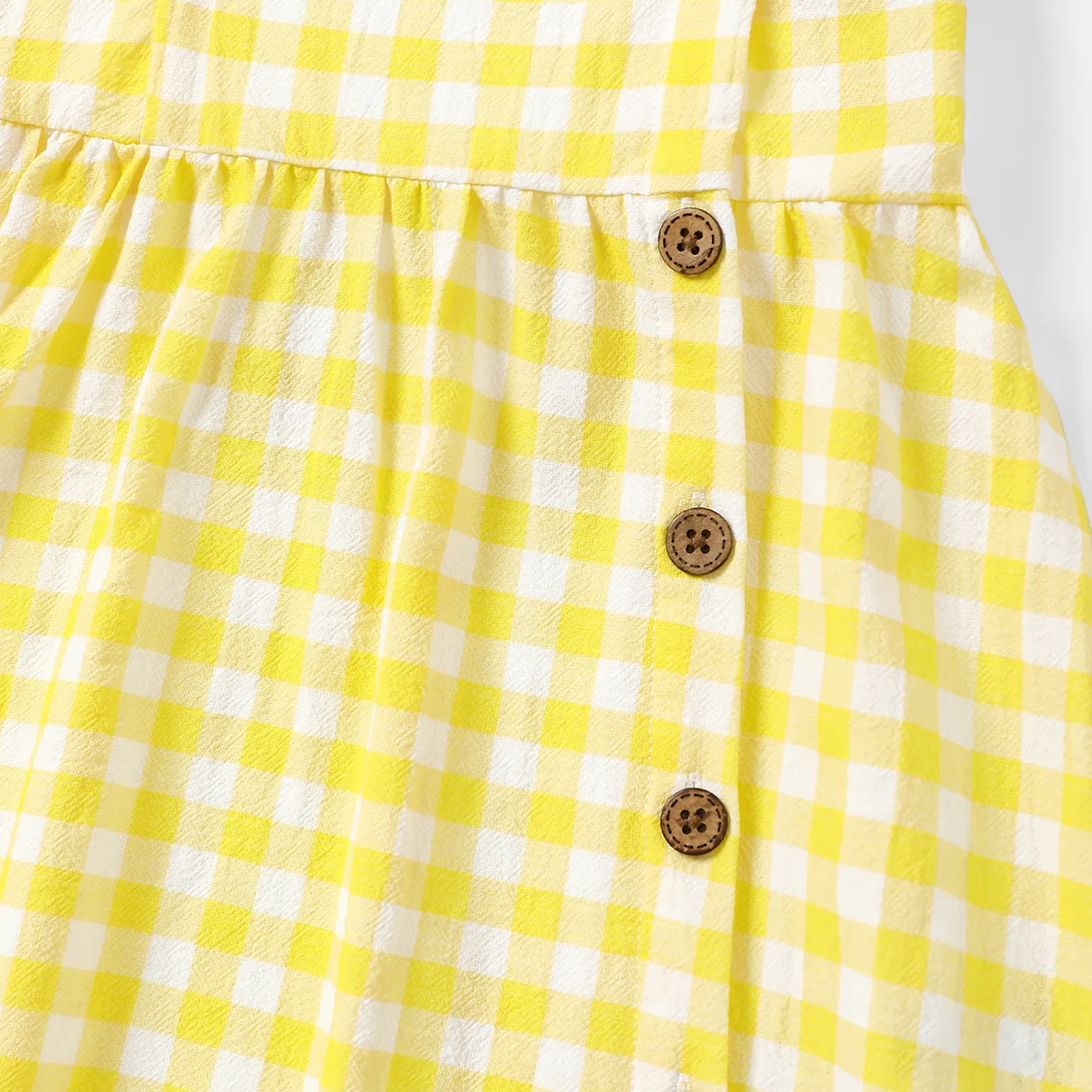 Toddler Girl 100% Cotton Fruit Print/Plaid Ruffled Button Design Slip Dress Yellow image 4