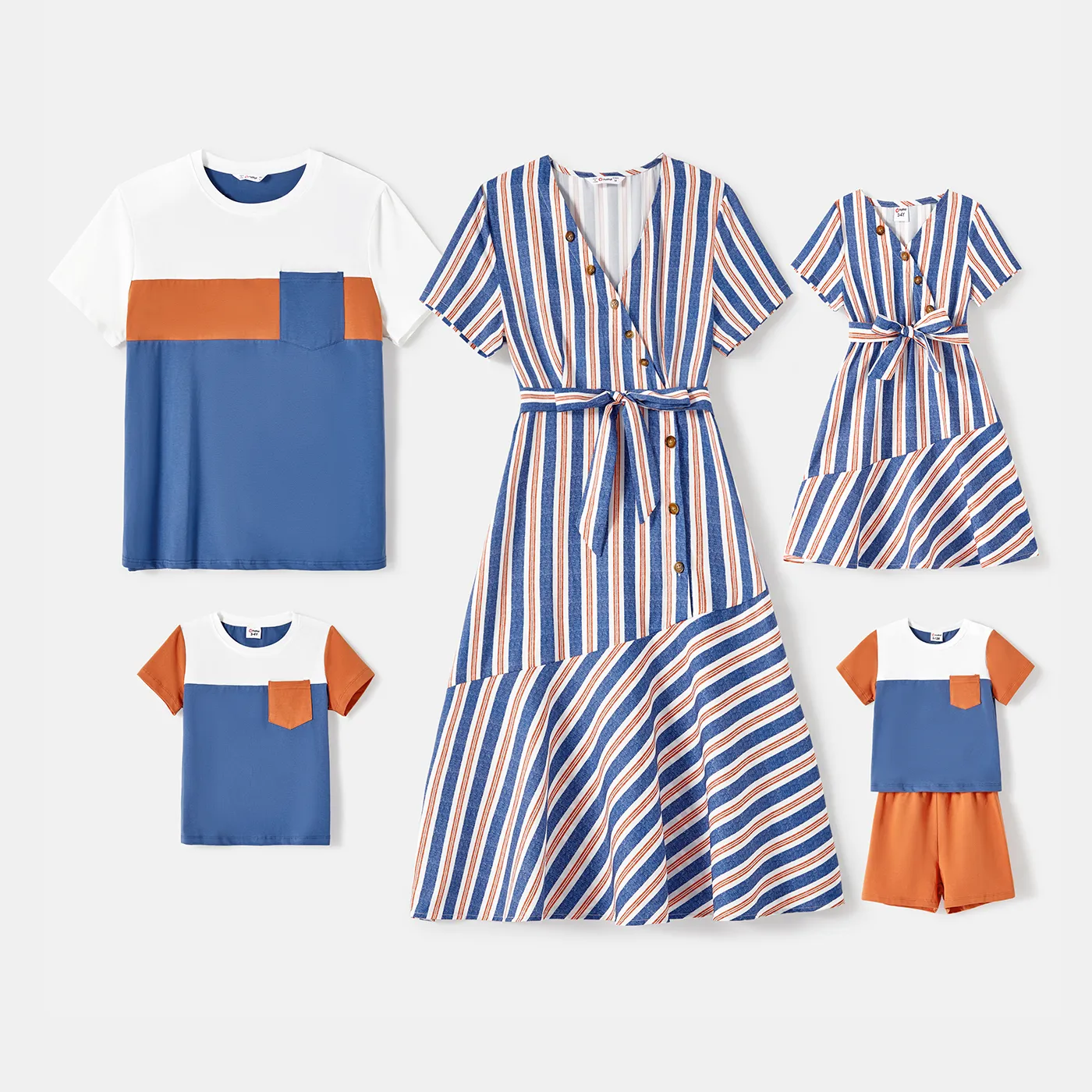 Family Matching 95% Cotton Colorblock Short-sleeve T-shirts and Striped Surplice Neck Belted Dresses Sets