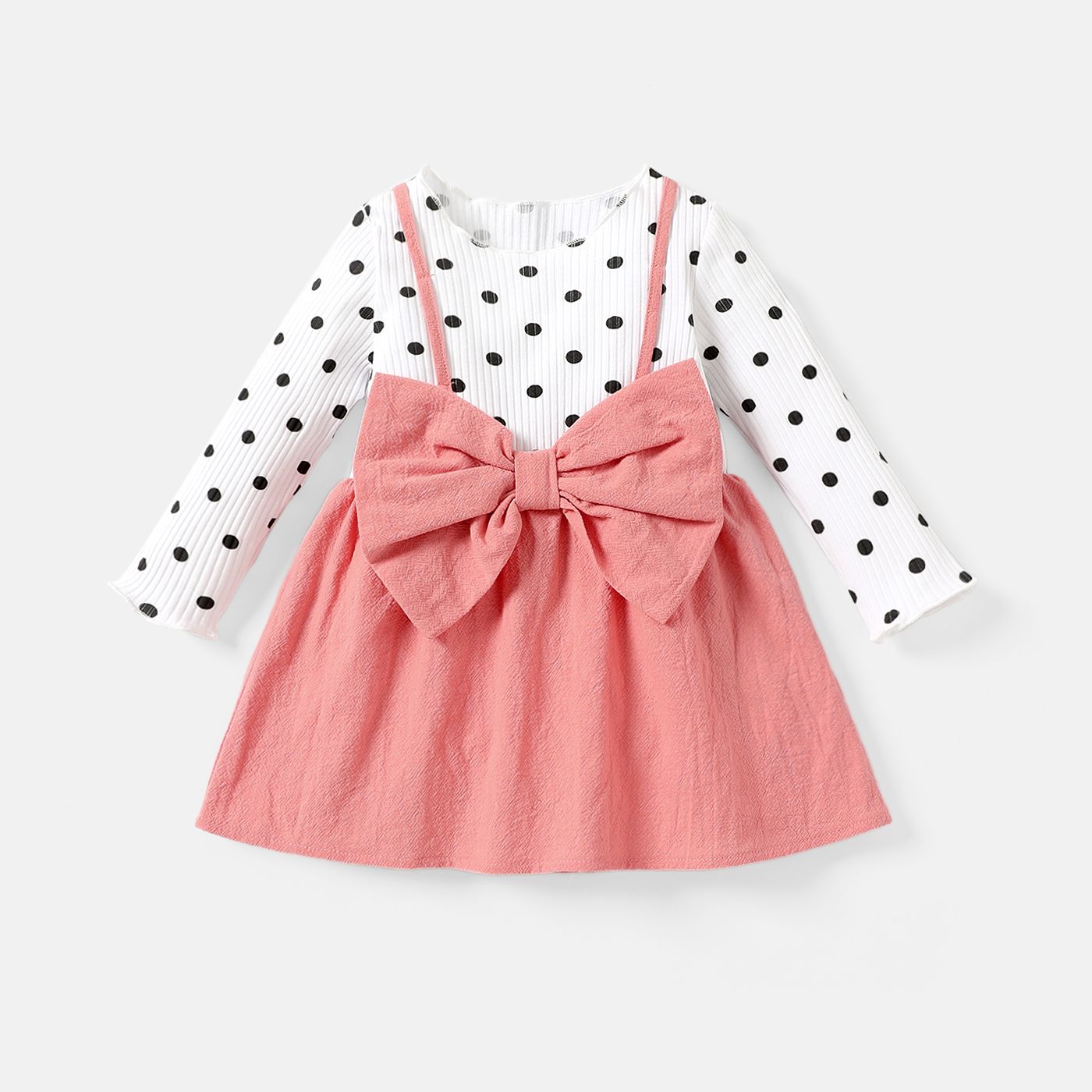 Baby Girl 100% Cotton Solid & Dots Spliced Ribbed Long-sleeve Bow Front Dress