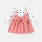 Baby Girl 100% Cotton Solid & Dots Spliced Ribbed Long-sleeve Bow Front Dress Pink