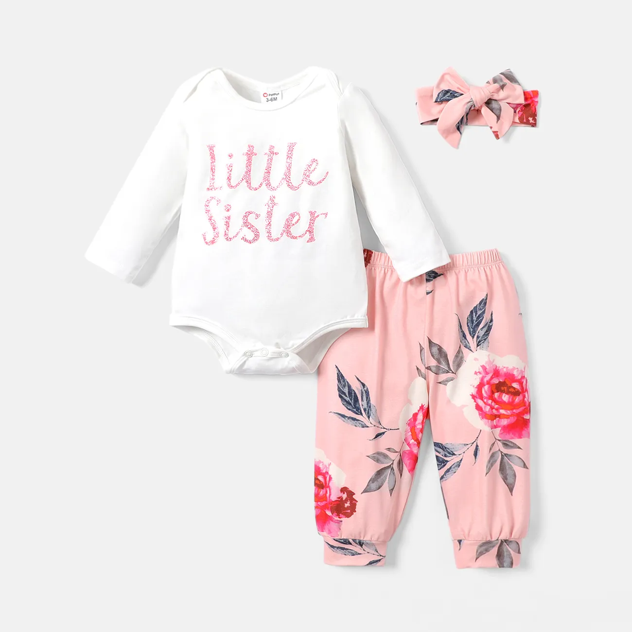 3pcs Baby Girl Cotton Long-sleeve Letter Graphic Romper and Floral Print Naia™ Pants & Headband Set  big image 1