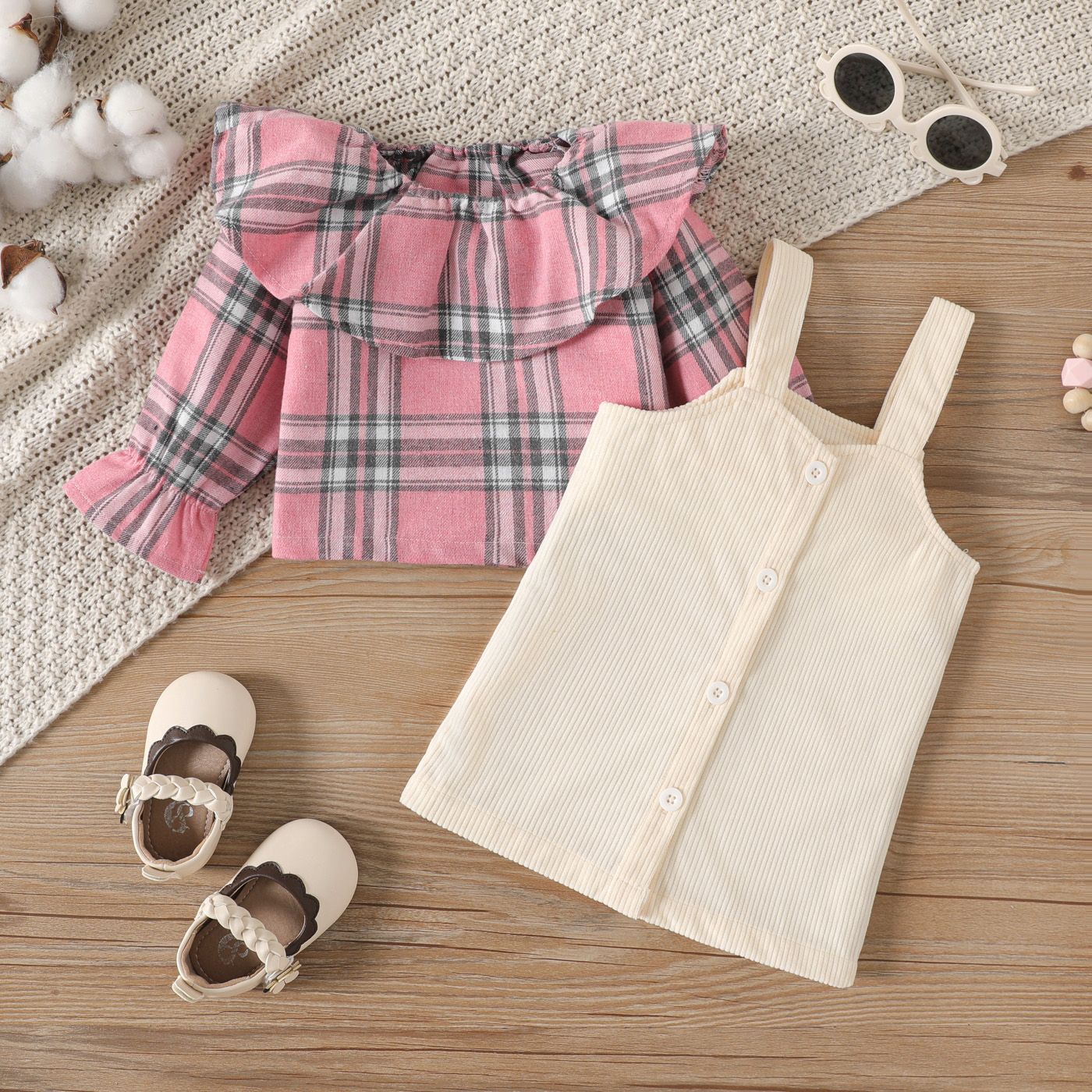 

2pcs Baby Girl Plaid Ruffle Collar Long-sleeve Top and Solid Corduroy Overall Dress Set