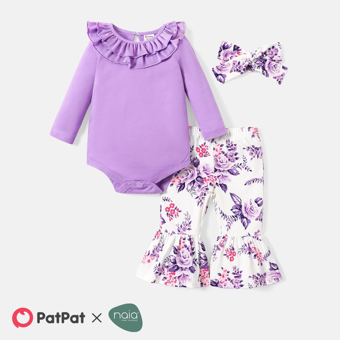 

3pcs Baby Girl 100% Cotton Layered Ruffle Collar Long-sleeve Romper and Floral Print Naia Flared Pants & Headband Set