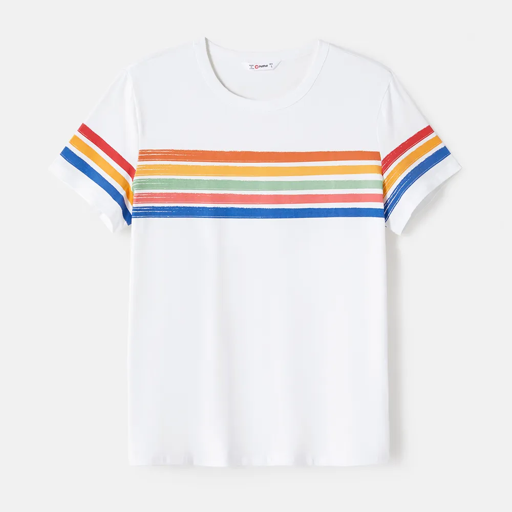 Family Matching Cotton Short-sleeve T-shirts and Colorful Striped Flutter-sleeve Dresses Sets  big image 7