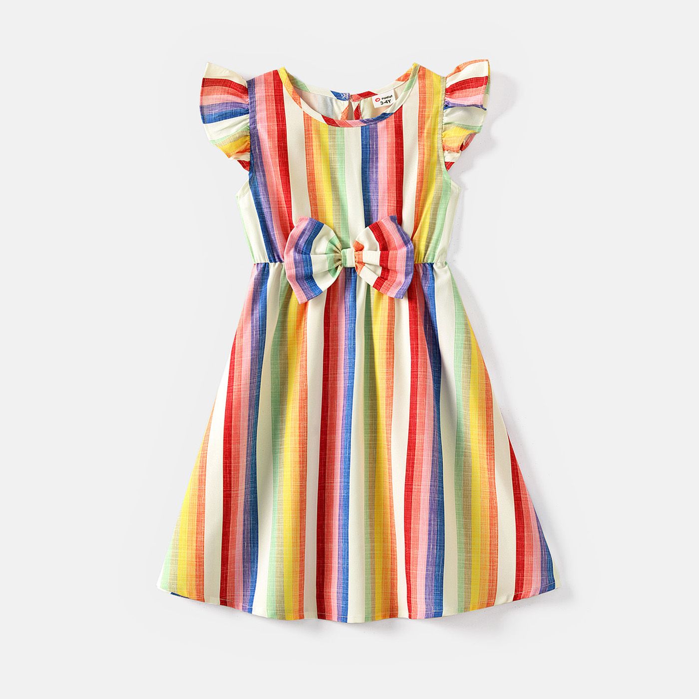 Family Matching Cotton Short-sleeve T-shirts and Colorful Striped Flutter-sleeve Dresses Sets