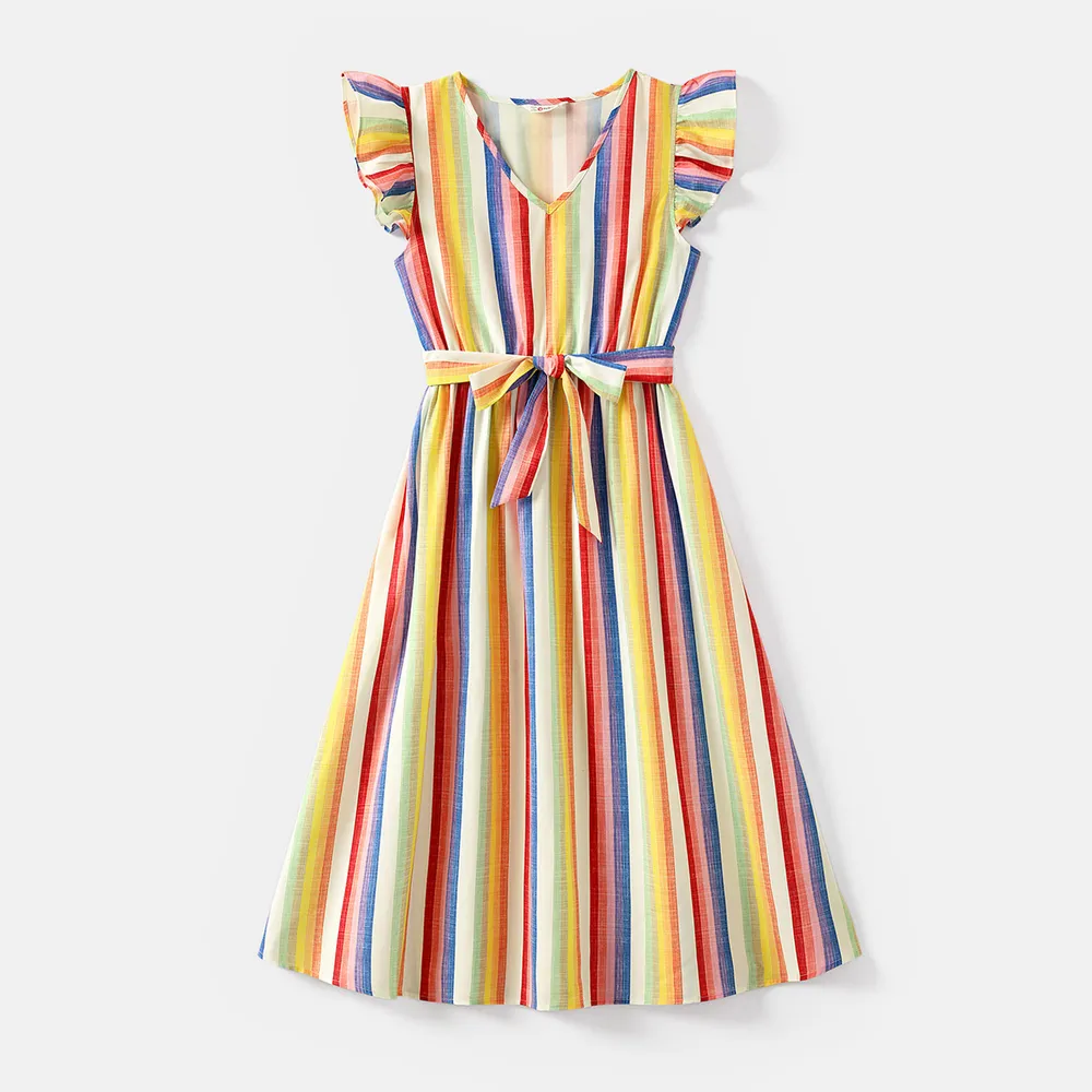 Family Matching Cotton Short-sleeve T-shirts and Colorful Striped Flutter-sleeve Dresses Sets  big image 8