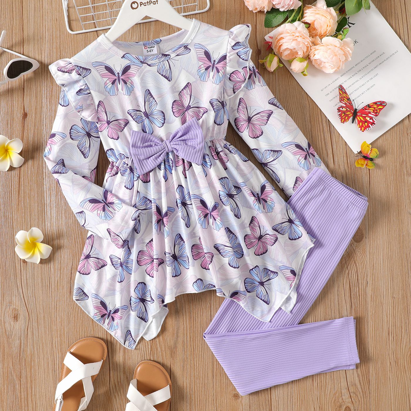 

2pcs Kid Girl Butterfly/Floral Print Irregular Hem 3D Bowknot Tee and Ribbed Leggings Set