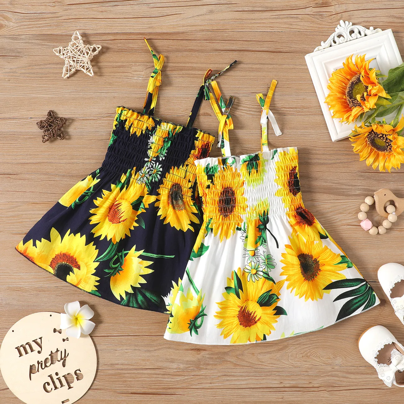 Baby Girl 100% Cotton Allover Sunflower Print Shirred Cami Dress White big image 1