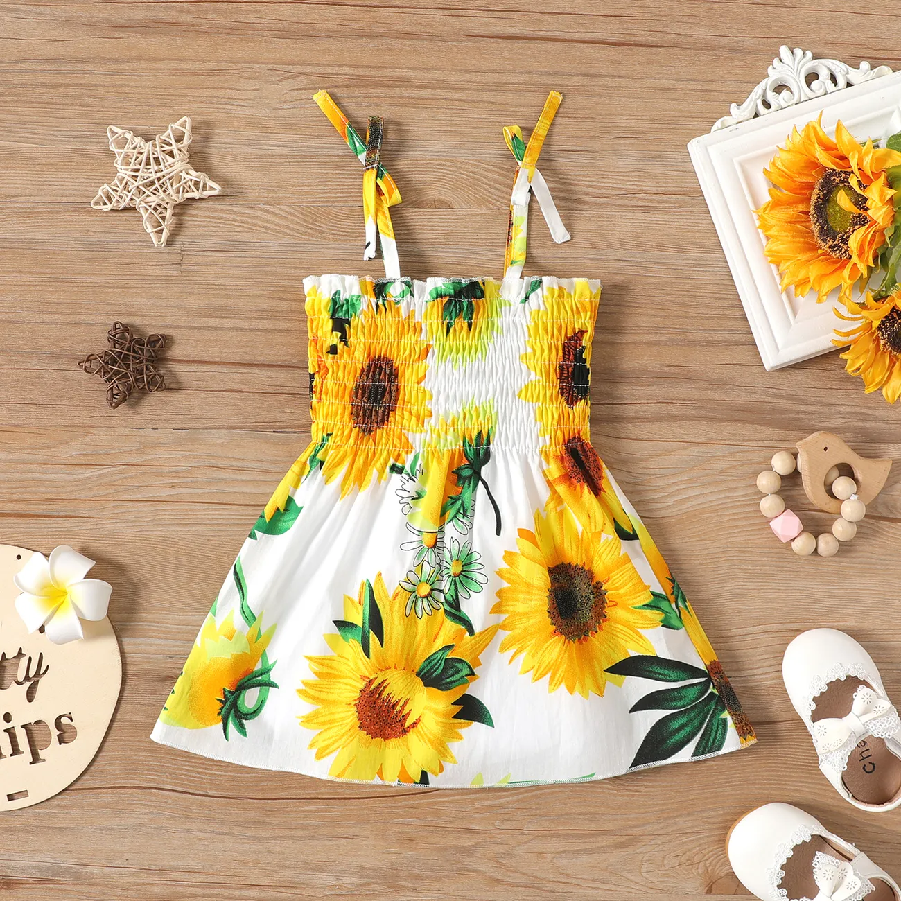 Baby Girl 100% Cotton Allover Sunflower Print Shirred Cami Dress White big image 1