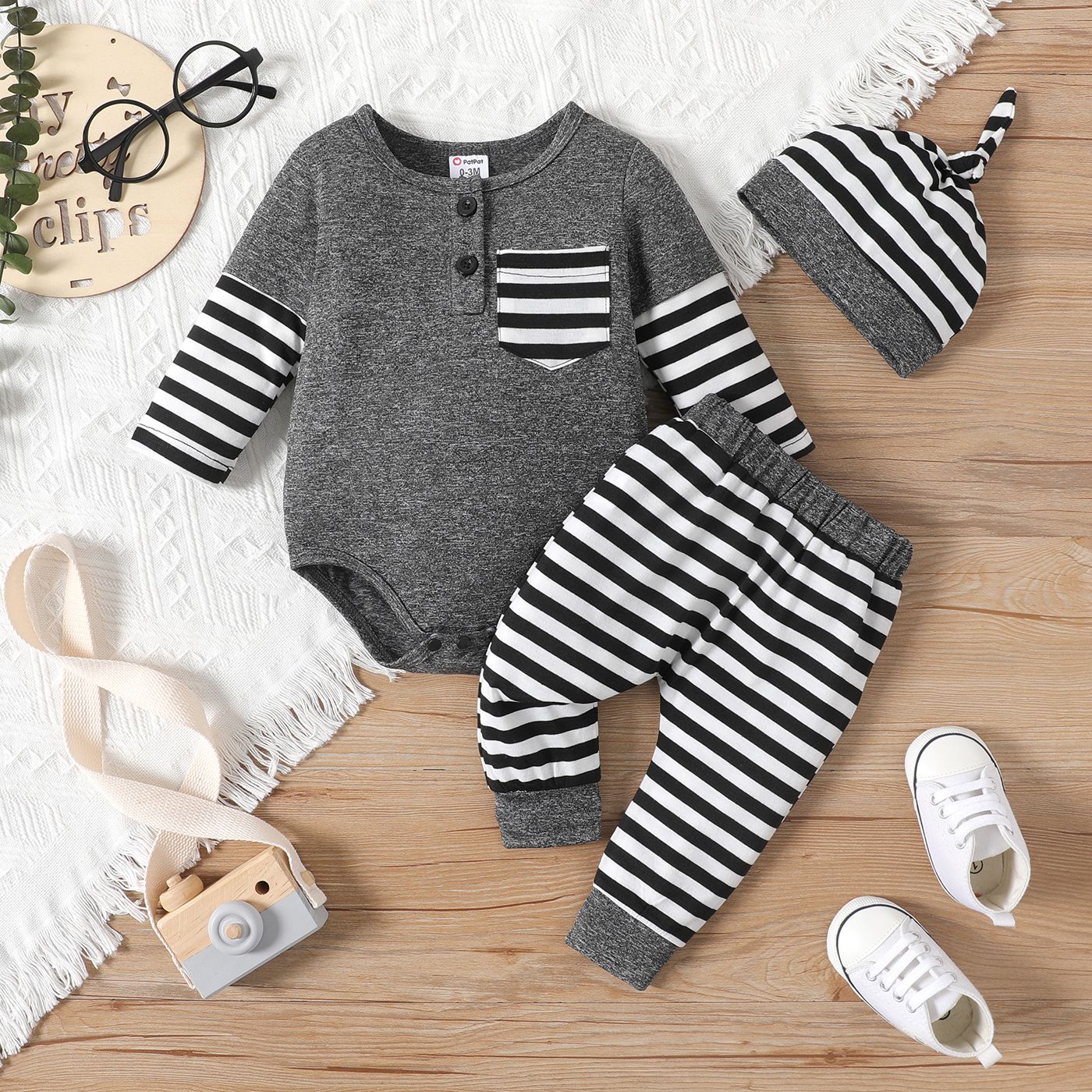 

3pcs Baby Boy Long-sleeve Striped Spliced Romper and Pants & Hat Set