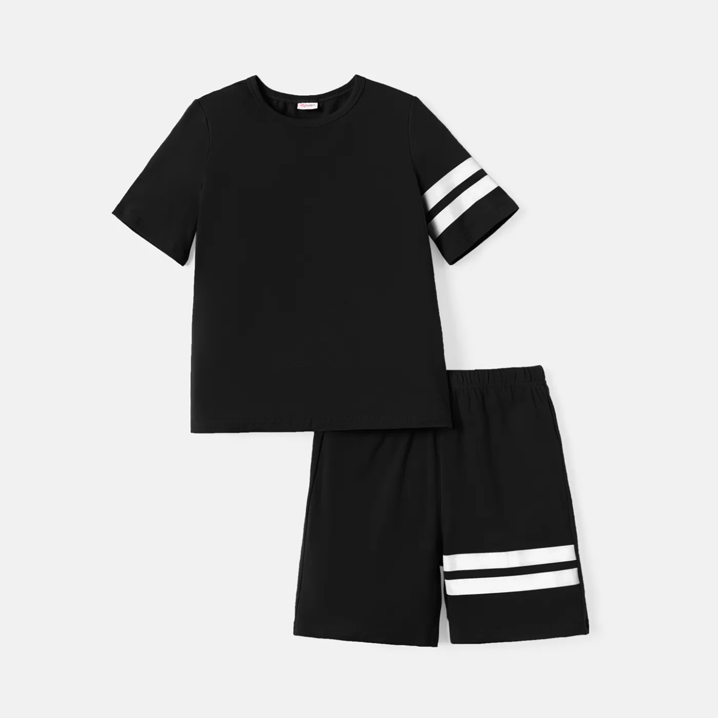 2pcs Kid Boy Striped Short-sleeve Cotton Tee and Shorts Set Black big image 1