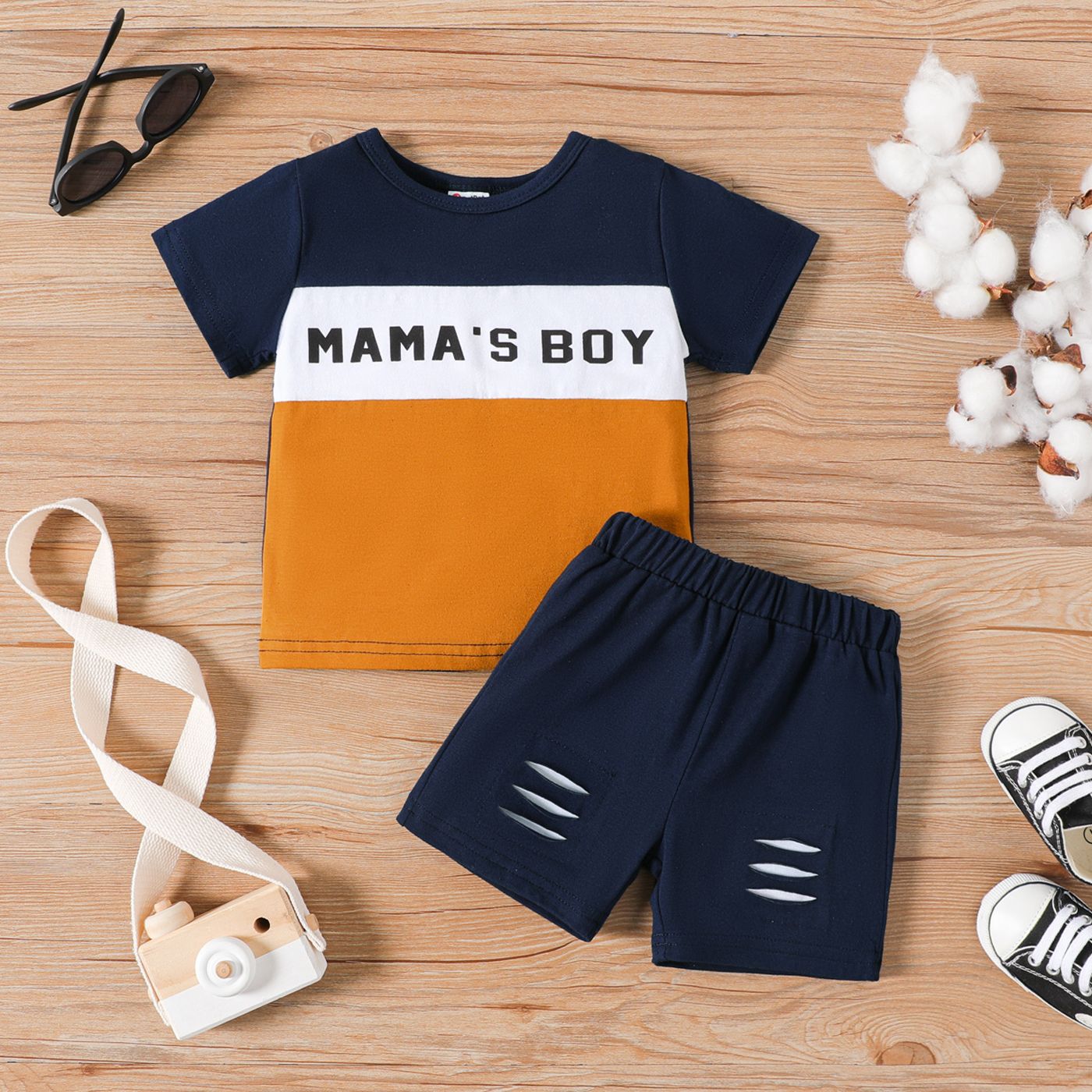 

2pcs Baby Boy 95% Cotton Letter Print Colorblock Short-sleeve Tee and Ripped Shorts Set