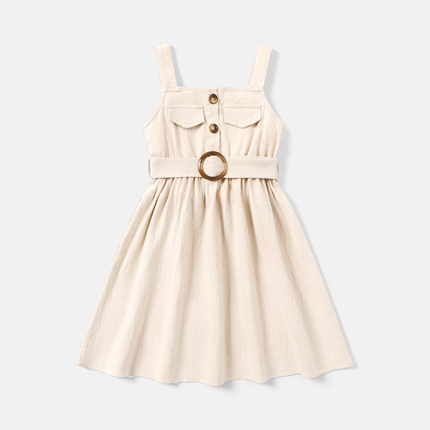 

Kid Girl 100% Cotton Button Design Belted Slip Dress