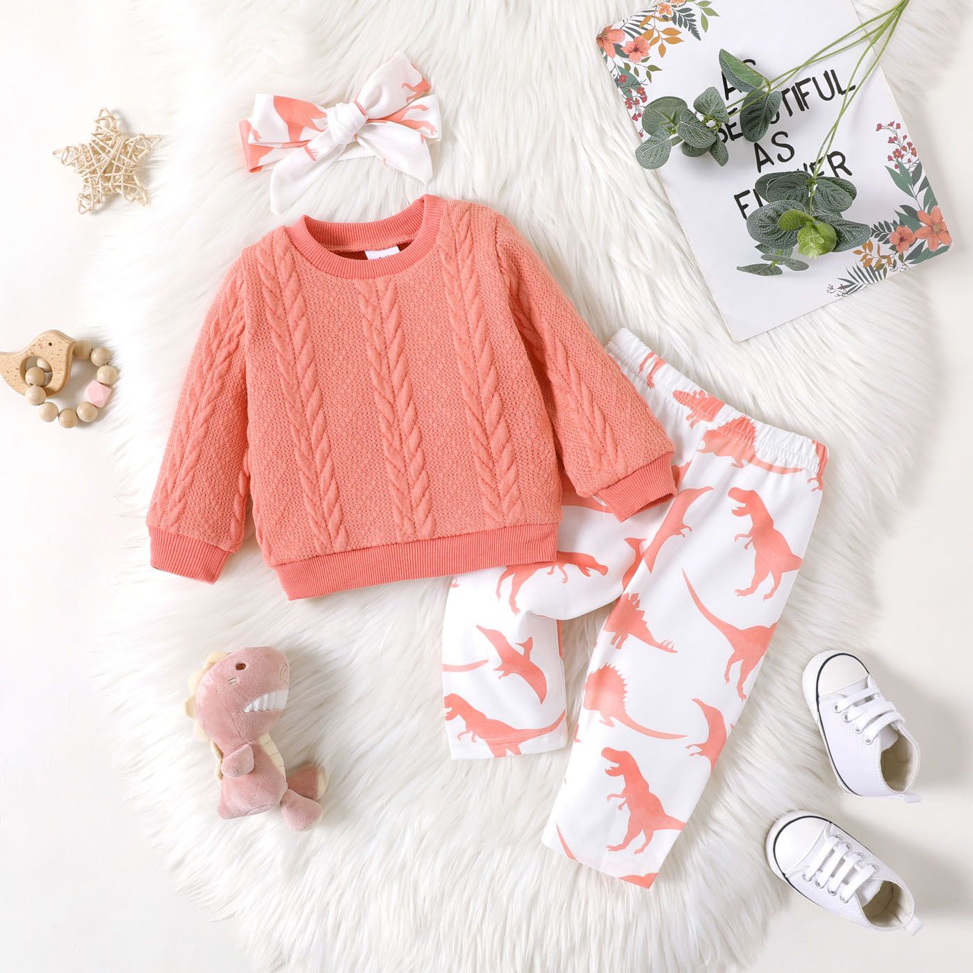 

3pcs Baby Girl Solid Imitation Knitting Pullover and Allover Dinosaur Print Pants with Headband Set